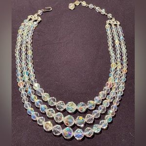 Vintage Crystal Bead Iridescent Triple Strand Necklace